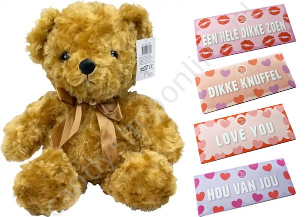 Pluche Beer met Strik 40 cm. met Voor Jou Chocolade Tablet