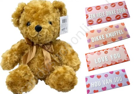 Pluche Beer met Strik 40 cm. met Voor Jou Chocolade Tablet
