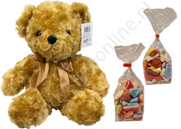 Pluche Beer met Strik 40 cm. met blokzak 250gr. (gesuikerde) Hartenmix