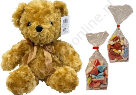 Pluche Beer met Strik 40 cm. met blokzak 250gr. (gesuikerde) Hartenmix