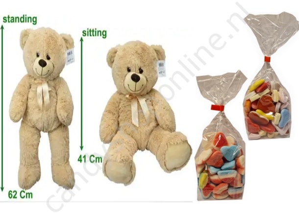 Pluche Beer 62 cm. met blokzak 250gr. (gesuikerde) Hartenmix