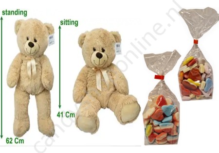 Pluche Beer 62 cm. met blokzak 250gr. (gesuikerde) Hartenmix