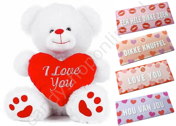 Pluche Beer Wit met Hart 27 cm. met Voor Jou Chocolade Tablet