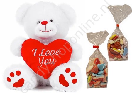 Pluche Beer Wit met Hart 27 cm. met blokzak 250gr. (gesuikerde) Hartenmix