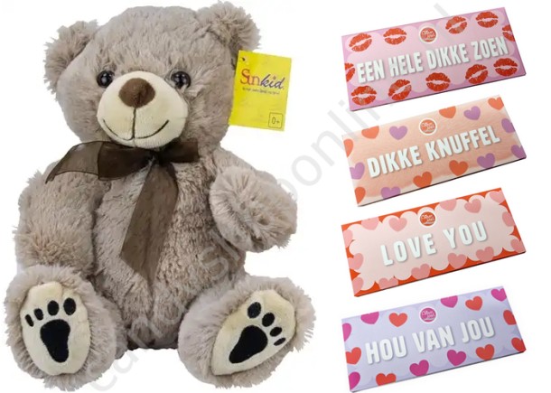 Sunkid Pluche Beer Grijs 25 cm. met Voor Jou Chocolade Tablet