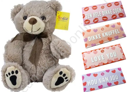 Sunkid Pluche Beer Grijs 25 cm. met Voor Jou Chocolade Tablet