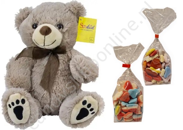 Sunkid Pluche Beer Grijs 25 cm. met blokzak 250gr. (gesuikerde) Hartenmix