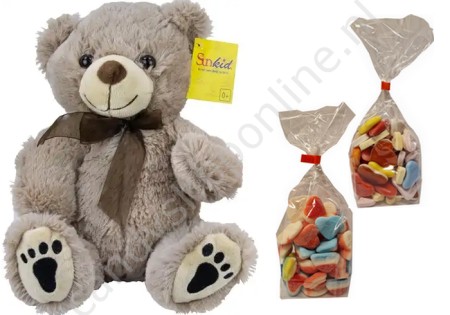 Sunkid Pluche Beer Grijs 25 cm. met blokzak 250gr. (gesuikerde) Hartenmix