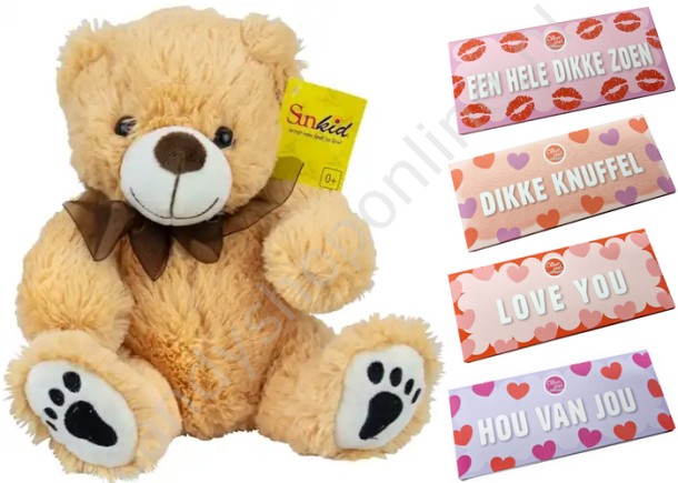 Sunkid Pluche Beer Beige 25 cm. met Voor Jou Chocolade Tablet