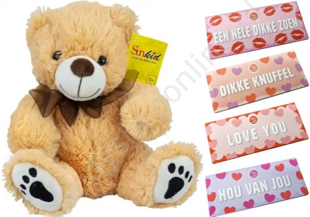 Sunkid Pluche Beer Beige 25 cm. met Voor Jou Chocolade Tablet