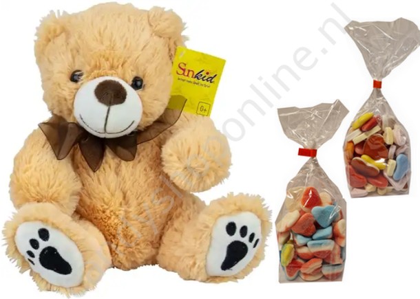 Sunkid Pluche Beer Beige 25 cm. met blokzak 250gr. (gesuikerde) Hartenmix