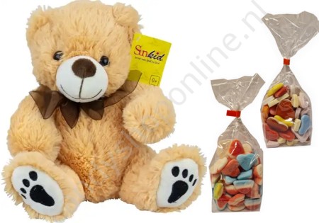 Sunkid Pluche Beer Beige 25 cm. met blokzak 250gr. (gesuikerde) Hartenmix