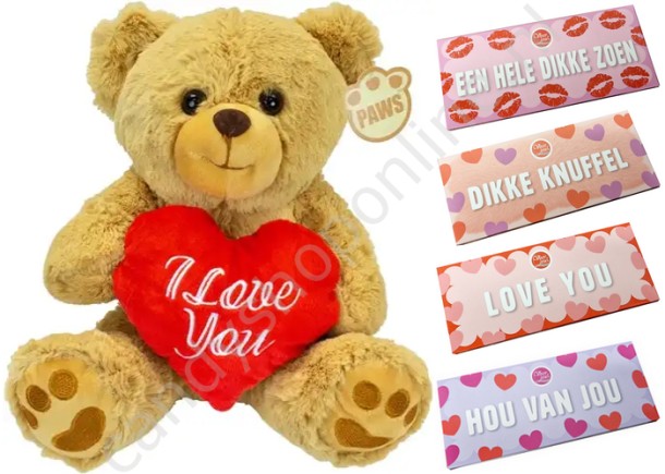 Pluche Beer Bruin met Hart 26 cm. met Voor Jou Chocolade Tablet