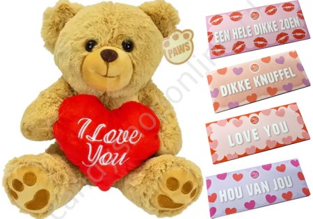 Pluche Beer Bruin met Hart 26 cm. met Voor Jou Chocolade Tablet