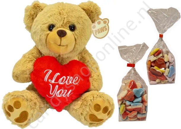 Pluche Beer Bruin met Hart 20 cm. met blokzak 250gr. (gesuikerde) Hartenmix