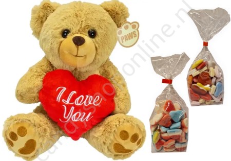 Pluche Beer Bruin met Hart 20 cm. met blokzak 250gr. (gesuikerde) Hartenmix