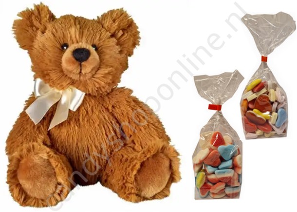 Bauer Pluche Beer Knuddel 25 cm. met blokzak 250gr. (gesuikerde) Hartenmix