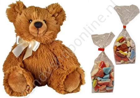 Bauer Pluche Beer Knuddel 25 cm. met blokzak 250gr. (gesuikerde) Hartenmix