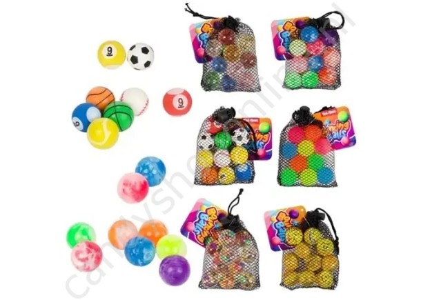 Stuiterballen klein 25mm. 10stuks in net met snoepzak