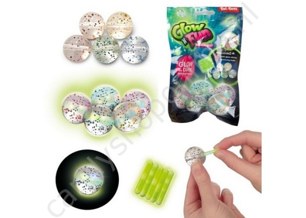 Glow n Fun Stuiterballen met Glow Sticks 5stuks 18x3,5x11cm. met snoepzak