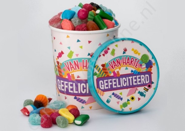 Candy Bucket "GEFELICITEERD" met 500gr. snoepmix