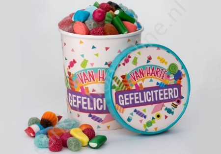 Candy Bucket "GEFELICITEERD" met 500gr. snoepmix