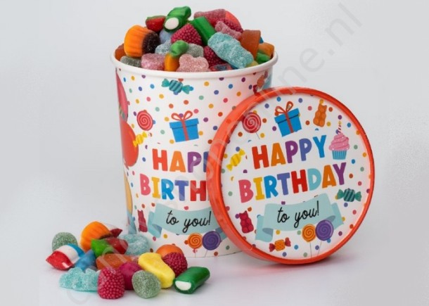 Candy Bucket "HAPPY BIRTHDAY" met 500gr. snoepmix