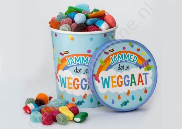Candy Bucket "JAMMER DAT JE WEGGAAT" met 500gr. snoepmix