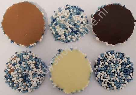Vanestra Chocolade Flikken Blauw ±4,5cm Melk Puur Wit 200gr. 