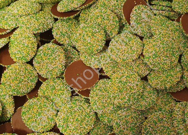 Melkchocolade Flik met Geel & Groen Musketzaad bakje 13 stuks