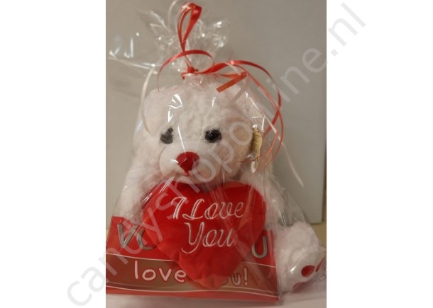 Pluche Beer Wit met Hart 27 cm. met Chocolade Tablet Love You