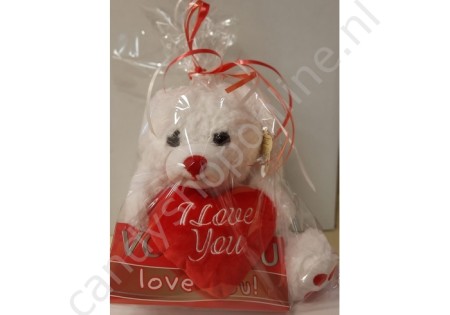Pluche Beer Wit met Hart 27 cm. met Chocolade Tablet Love You