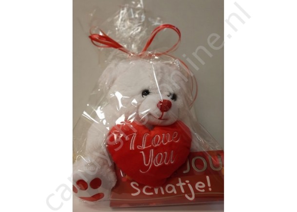 Pluche Beer Wit met Hart 27 cm. met Chocolade Tablet Schatje