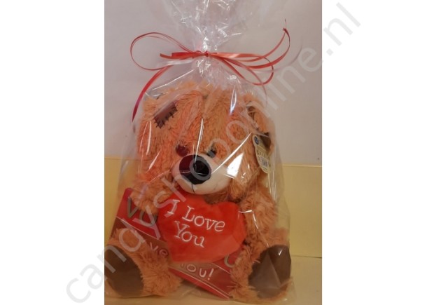 Pluche Beer Bruin met Hart 27 cm. met Chocolade Tablet Love You