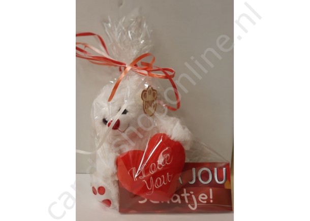 Pluche Beer Wit met Hart 20 cm. met Chocolade Tablet Schatje