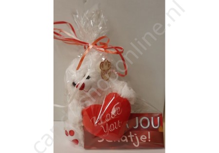 Pluche Beer Wit met Hart 20 cm. met Chocolade Tablet Schatje